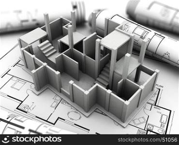 3d illustration of concrete house model and blueprints