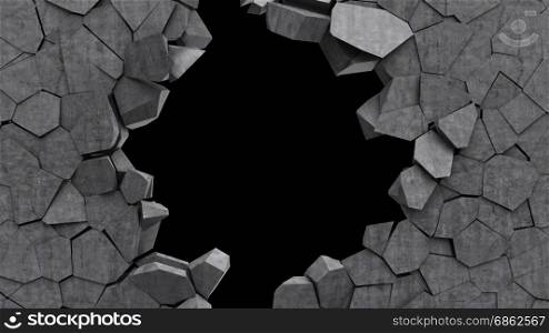 3d illustration of concrete wall crashed over black background