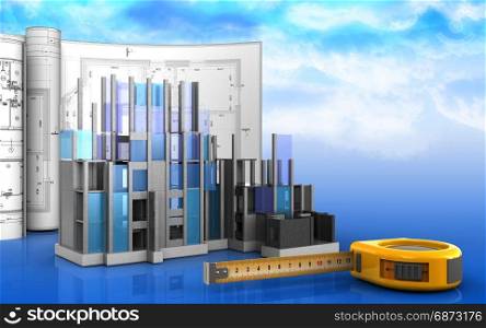 3d illustration of construction progress with drawings over sky background. 3d blank