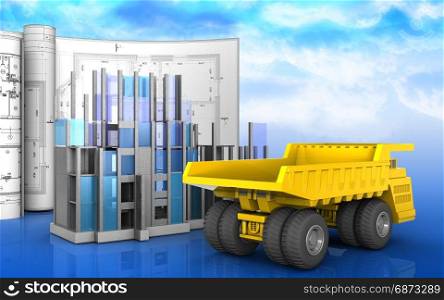 3d illustration of construction progress with drawings over sky background. 3d of heavy truck