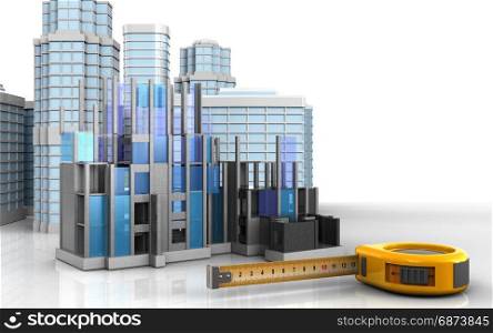 3d illustration of construction progress with urban scene over white background. 3d blank