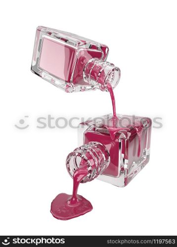 3d illustration of cosmetic glass bottle with pink drops, isolated on white with clipping path set