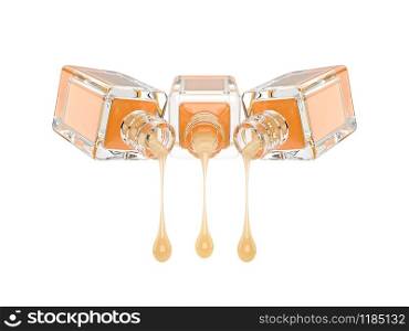 3d illustration of cosmetic glass bottle with transparent orange drops, isolated on white with clipping path set