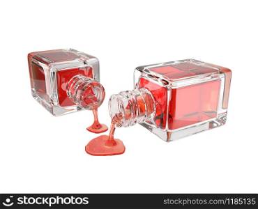 3d illustration of cosmetic glass bottle with transparent red drops, isolated on white with clipping path set