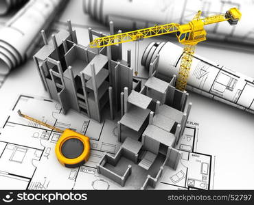 3d illustration of crane and concrete building construction