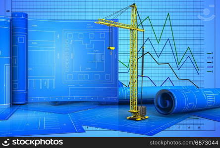3d illustration of crane with drawing roll over graph background. 3d