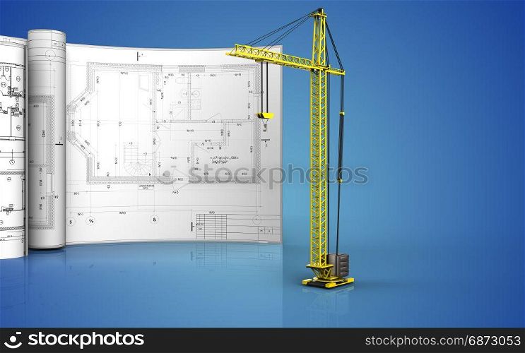 3d illustration of crane with drawings over blue background. 3d blank