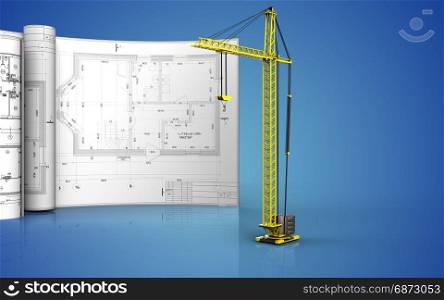 3d illustration of crane with drawings over blue background. 3d blank