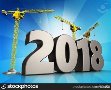 3d illustration of cranes building 2018 year symbol over background. 3d 2018 year symbol