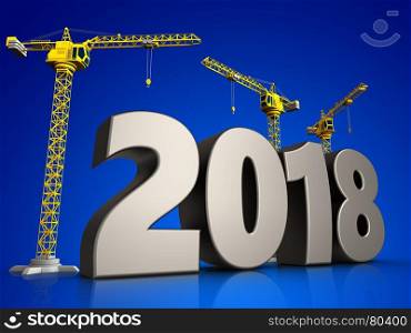 3d illustration of cranes building 2018 year symbol over blue background. 3d 2018 year symbol
