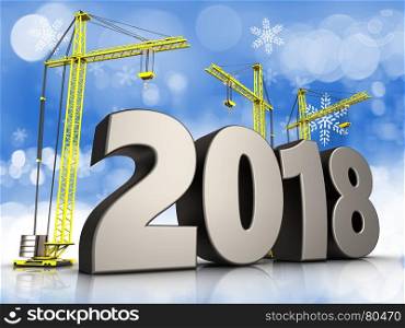 3d illustration of cranes building 2018 year symbol over snow background. 3d 2018 year symbol