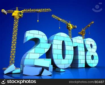 3d illustration of cranes building blue 2018 year with bricks over blue background. 3d blue 2018 year with bricks