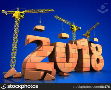 3d illustration of cranes building bricks 2018 text over blue background. 3d bricks 2018 text