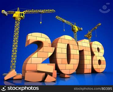 3d illustration of cranes building bricks 2018 year sign over blue background. 3d bricks 2018 year sign