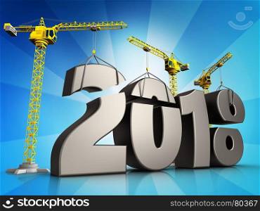 3d illustration of cranes building metal 2018 year sign over background. 3d metal 2018 year sign