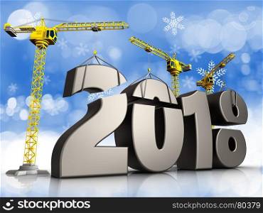 3d illustration of cranes building metal 2018 year sign over snow background. 3d metal 2018 year sign