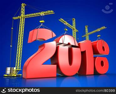 3d illustration of cranes building red 2018 year sign over blue background. 3d red 2018 year sign