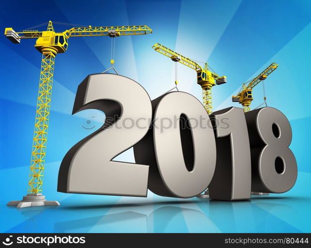 3d illustration of cranes building steel 2018 sign over background. 3d steel 2018 sign