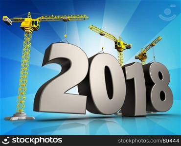 3d illustration of cranes building steel 2018 sign over background. 3d steel 2018 sign