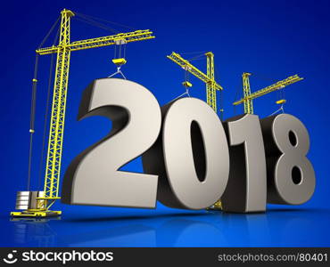 3d illustration of cranes building steel 2018 sign over blue background. 3d steel 2018 sign