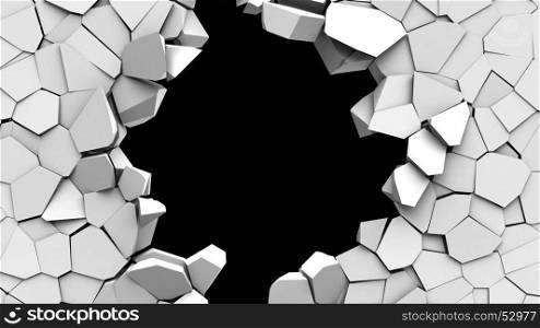 3d illustration of crashed wall hole over black background