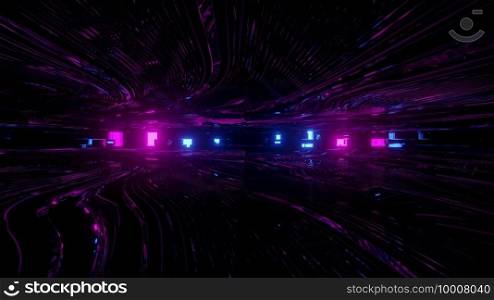 3D illustration of dark cyber tunnel with neon purple and blue lights as abstract background. 3D illustration of illuminated wires in motion
