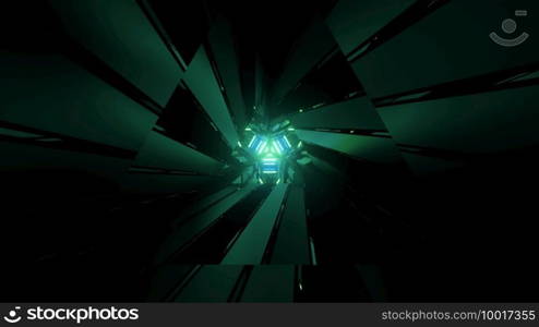 3D illustration of dark cyberspace with abstract green sharp geometric figures as background. Sharp glowing geometric figures in 3D illustration