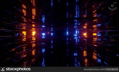 3D illustration of dark endless cyberspace with abstract blue and red neon illumination as background. Neon light in dark tunnel in 3D illustration