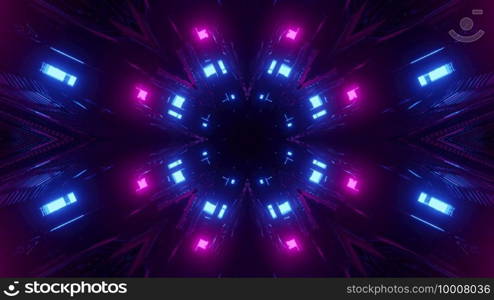 3D illustration of dark tunnel with neon blue and purple lights as abstract background. Abstract background of 3D illustration of illuminated cyberspace