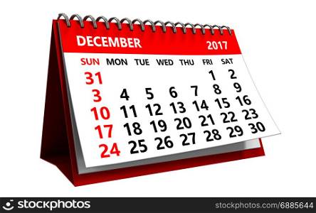 3d illustration of december 2017 calendar isolated over white background