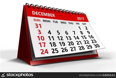 3d illustration of december 2017 calendar over white background with shadow
