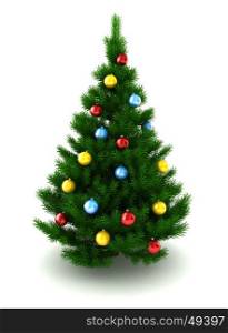 3d illustration of decorated christmas tree, over white background