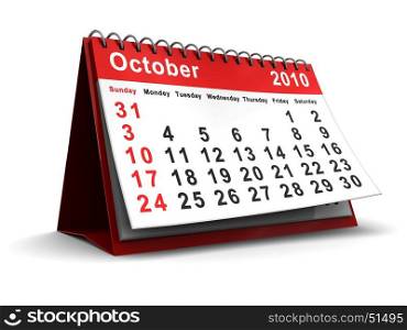 3d illustration of desktop calendar with october 2010 page open