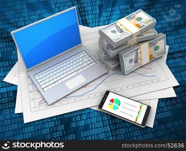 3d illustration of diagram papers and computer over digital background with money. 3d diagram papers