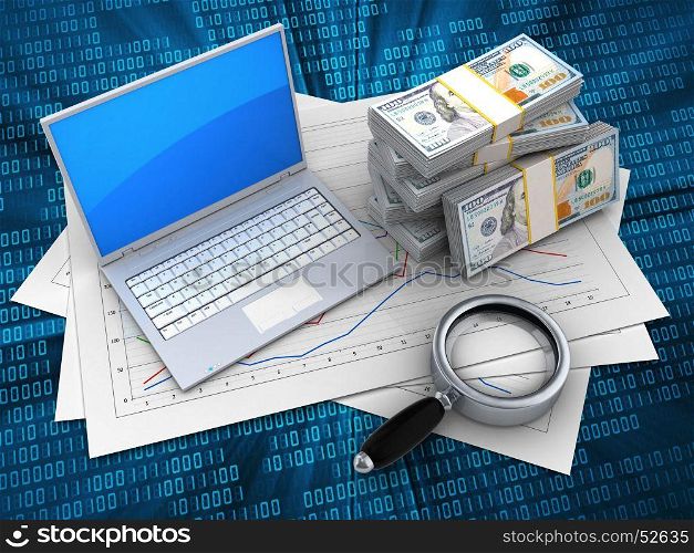 3d illustration of diagram papers and computer over digital background with money. 3d magnify glass
