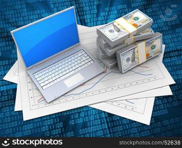 3d illustration of diagram papers and computer over digital background with money. 3d money
