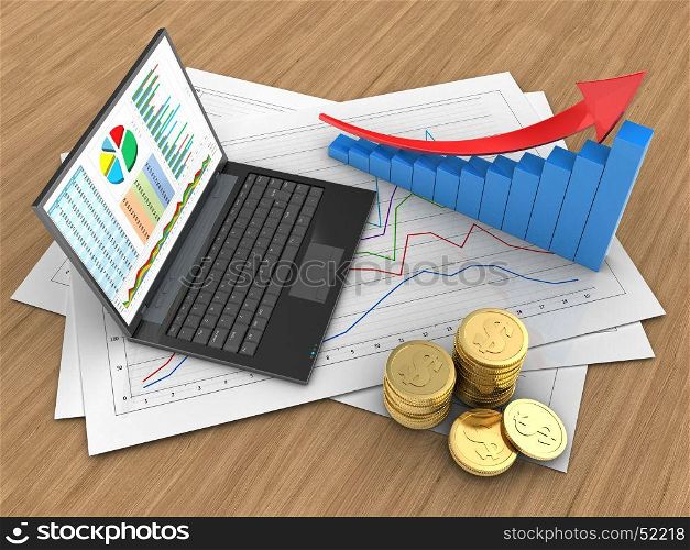 3d illustration of diagram papers and personal computer over wood background with arrow graph. 3d arrow graph