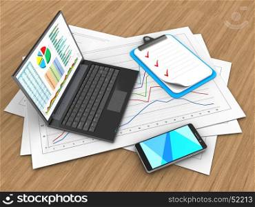 3d illustration of diagram papers and personal computer over wood background with clipboard. 3d clipboard
