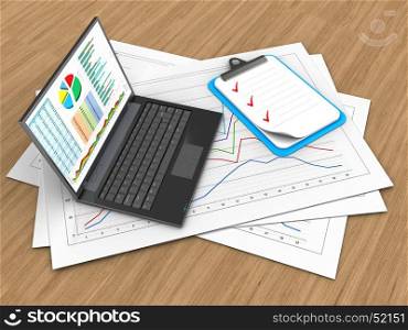 3d illustration of diagram papers and personal computer over wood background with clipboard. 3d personal computer