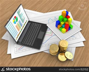 3d illustration of diagram papers and personal computer over wood background with graph. 3d graph
