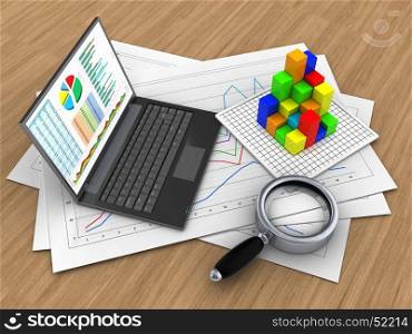 3d illustration of diagram papers and personal computer over wood background with graph. 3d graph