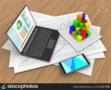 3d illustration of diagram papers and personal computer over wood background with graph. 3d smartphone