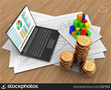3d illustration of diagram papers and personal computer over wood background with graph. 3d personal computer