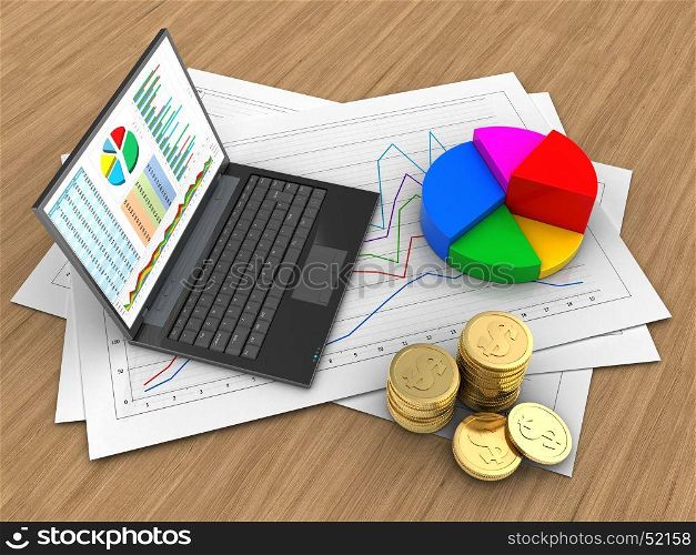 3d illustration of diagram papers and personal computer over wood background with pie chart. 3d pie chart