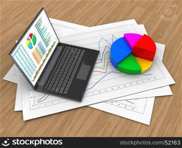 3d illustration of diagram papers and personal computer over wood background with pie chart. 3d blank