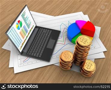 3d illustration of diagram papers and personal computer over wood background with pie chart. 3d personal computer