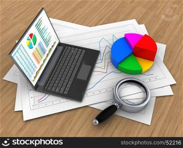 3d illustration of diagram papers and personal computer over wood background with pie chart. 3d personal computer