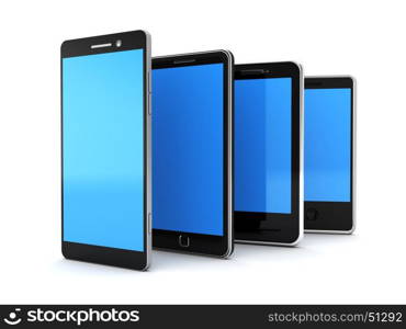 3d illustration of different mobile phones row, over white background