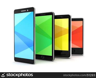 3d illustration of different mobile phones with colorful screens