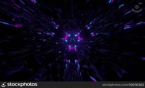 3D illustration of distorted blue and purple l&s shimmering and illuminating futuristic tunnel. 3D illustration of distorted tunnel with l&s